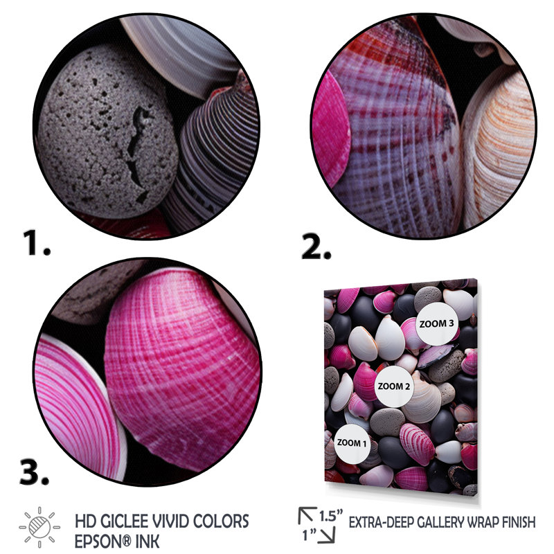 Collage de bord de mer rose, gris, rose, blanc et coquillages, Cadre photo noir, H 32 po x l 24 po x P 1 po