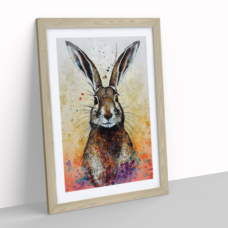 Colourful Watercolour Hare No.1 - Single Picture Frame Print, 64cm H x 46cm W x 2cm D, Oak