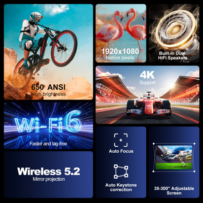 Projector with WiFi and Bluetooth,1080P FHD,Auto Focus & Keystone, Zoom,Home Theatre Movie Projector for martphones/TV Stick/PS5/Laptop/USB