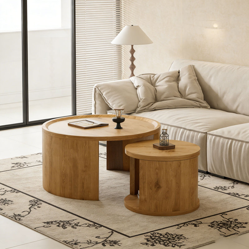 Ensemble de tables basses rondes, Bois naturel - 1