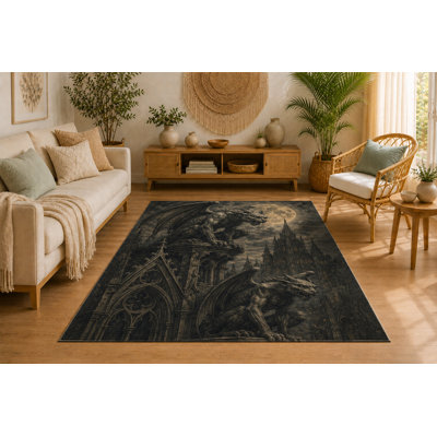 Tapis de gargouille de style gothique ultra léger 5 pi x 7 pi pour salon, tapis doux à poils courts avec envers en silicone antidérapant, tapis pour chambre à coucher, bureau, noir