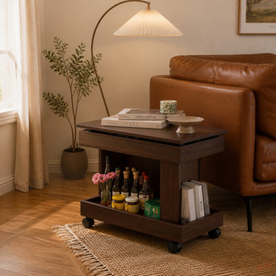 Petite table basse avec roulettes, table d'appoint multifonctionnelle rotative à 360 °, table de bout roulante avec compartiment de rangement, table de chevet mobile pour le salon, la chambre et le mobilier de maison