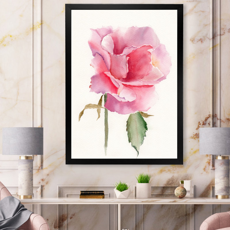 Fleur rose vif rétro - peinture sur toile, H 40 po x l 30 po x P 1,5 po, Cadre noir