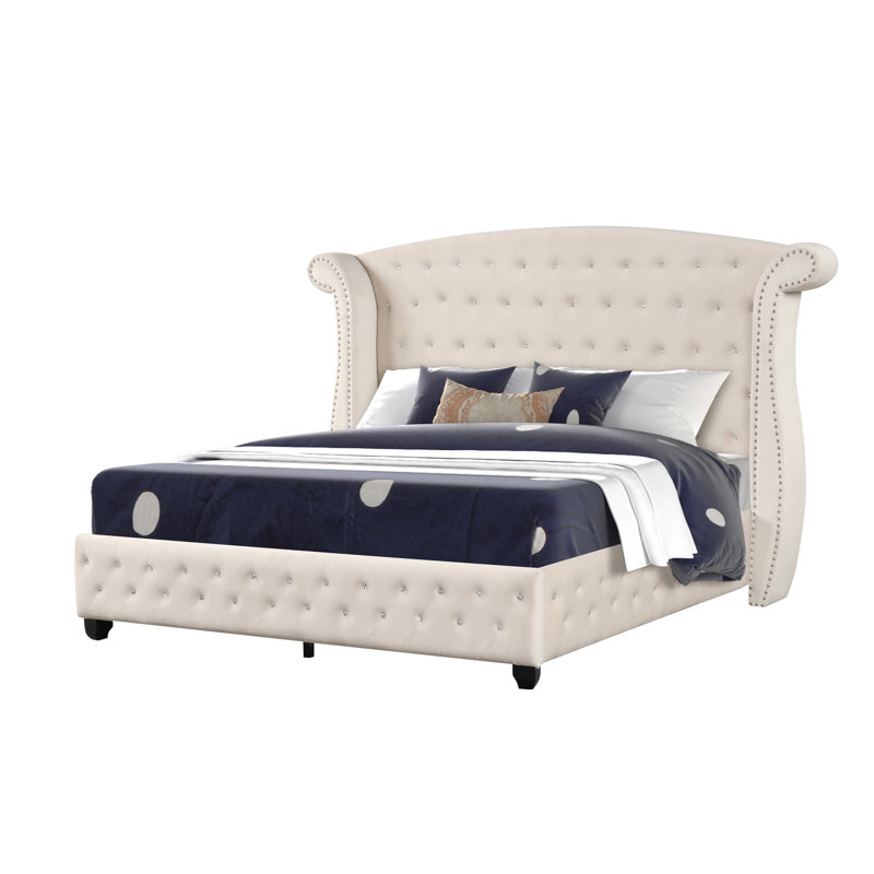 Sophia Crystal Tufted Queen Bed Made With Wood In Cream, Cream, Queen