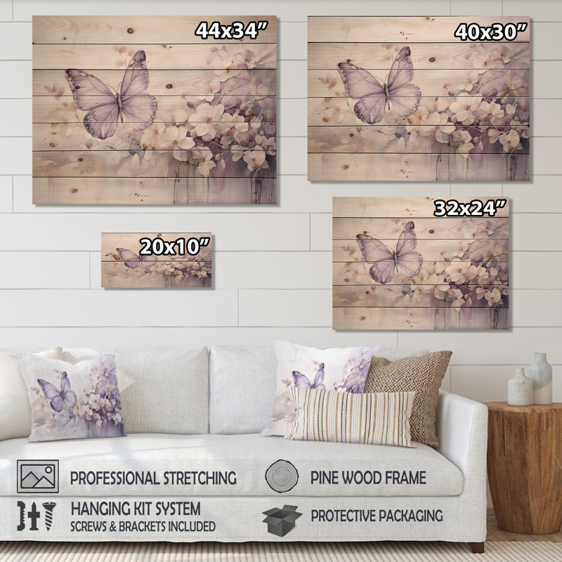 Papillon mauve Enchanted Flight II - reproduction d'animaux sur bois de pin naturel, H 24 po x l 32 po x P 0,78 po