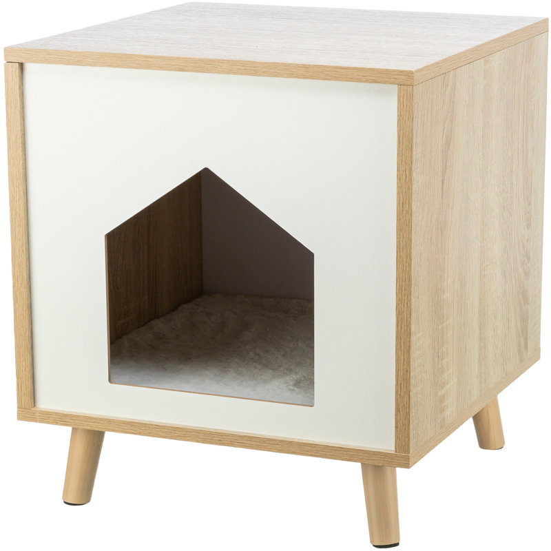 Modern Oak and White Cat Condo Side Table with Cushion