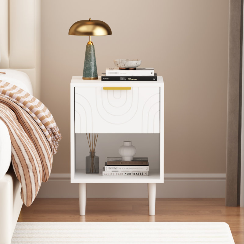 Table de chevet moderne blanche de 22,27 po de hauteur avec tiroir simple et espace de rangement ouvert, poignée dorée, objet décoratif de chambre à coucher, matériau 22,27 po