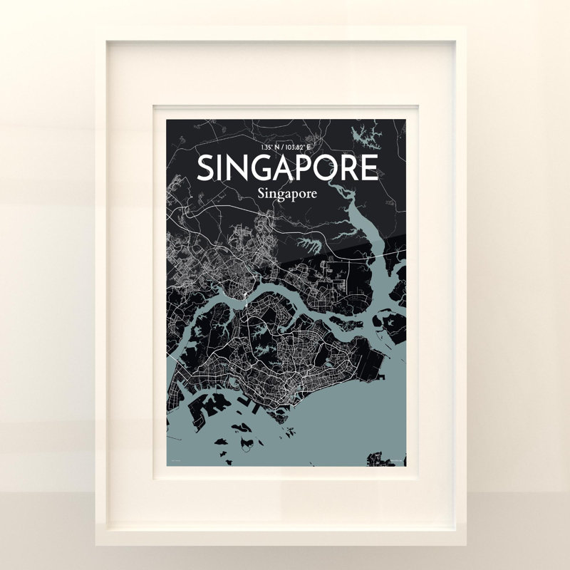 Carte de la ville de Singapour, impression, Gris/noir, H 24 po x l 18 po