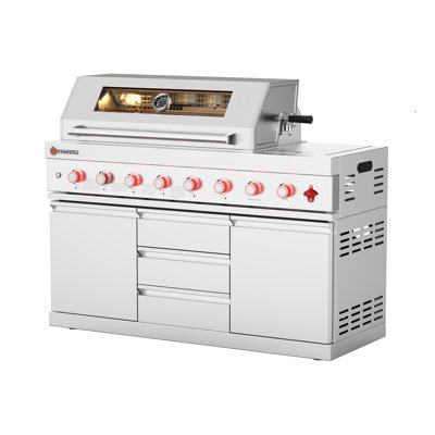 SERA C 6-Burner 99,500 BTU Liquid Propane All 304 Stainless Steel Outdoor Kitchen Island with Granite Countertop, Infrared Rear Burner & Side Burner – Ideal for Backyard BBQ & Gatherings
