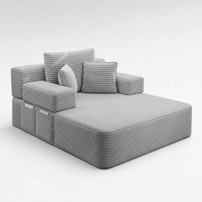 Oversized Plush Corduroy Chaise Lounge Sofa Bed, Convertible Sleeper Couch with Storage Pockets, Soft Pillows, Frameless Design, Spring & Foam Cushion for Small Spaces