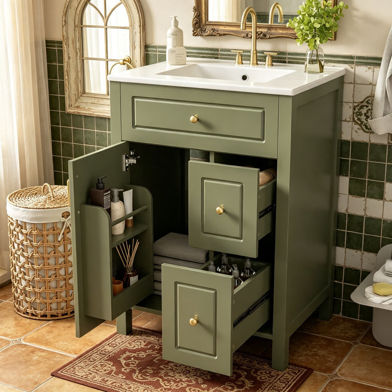 Meuble-lavabo de 24 pouces avec lavabo en céramique, mécanismes à fermeture douce et grand espace de rangement pour les petits espaces