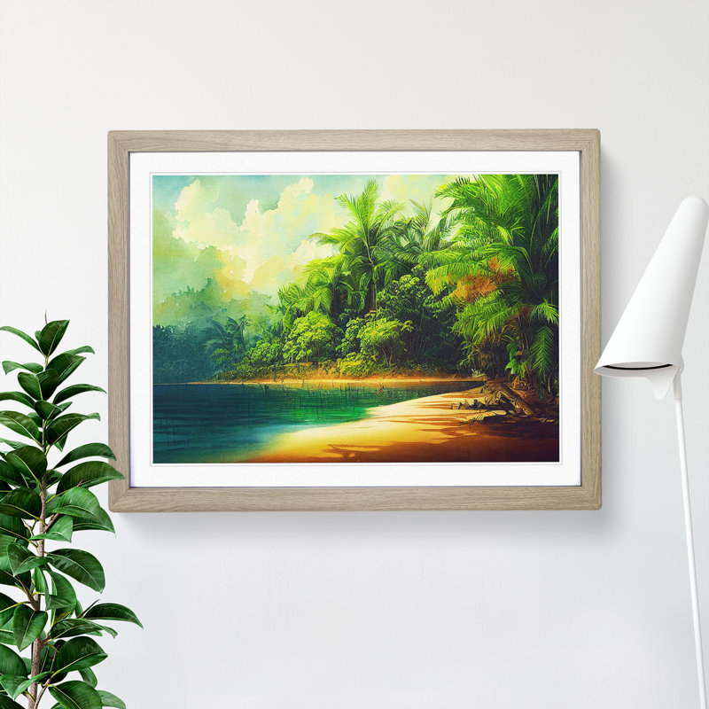 Tropical Forest Beach - Single Picture Frame Print, 34cm H x 46cm W x 2cm D, Oak