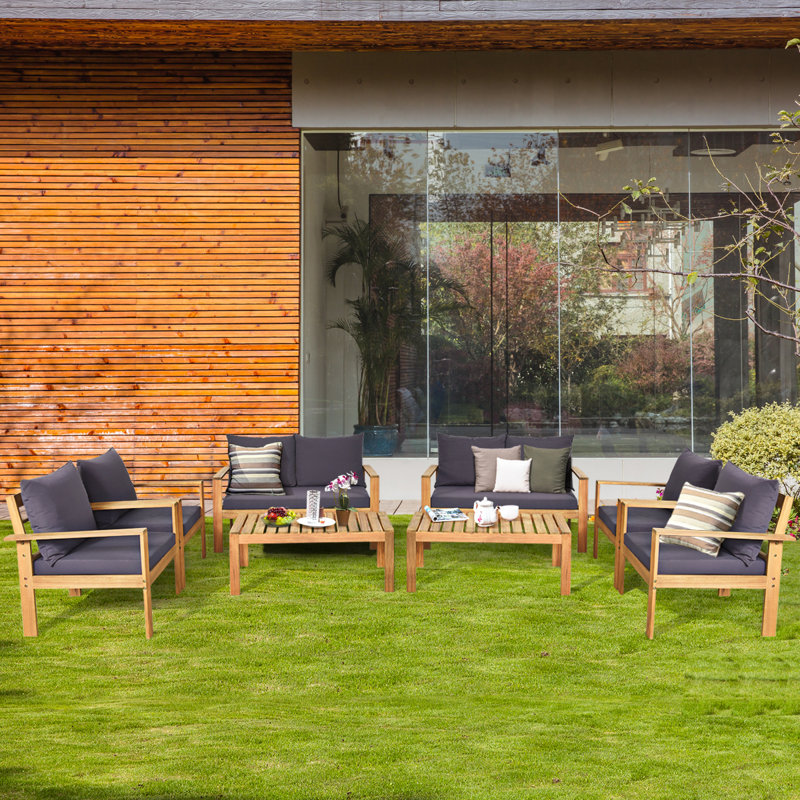 Sarajane Acacia Wood 8 - Person Patio Conversation Set with Cushions