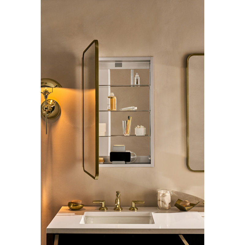Recessed or Surface Mount Framed Medicine Cabinet with 4 Adjustable Shelves, 34.25" H x 19.25" W x 4.75" D , Aged Brass