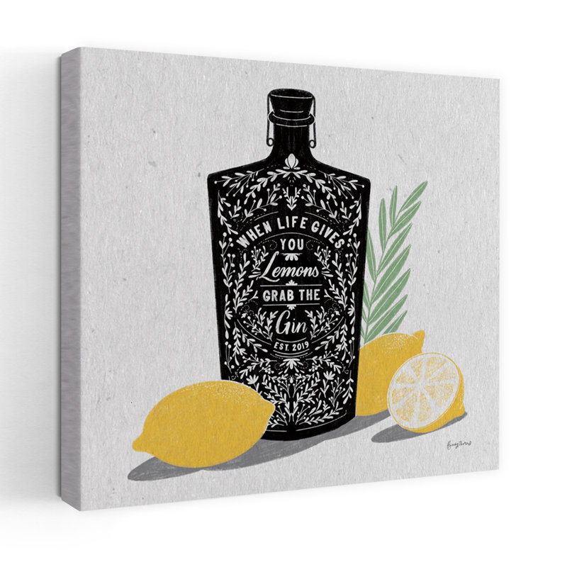 Art contemporain avec spiritueux gin et alcool citronné, H 18 po x l 18 po