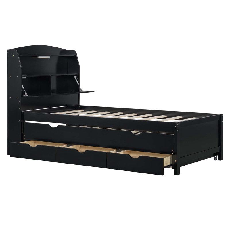 Lit plateforme en bois avec lit gigogne et tête de lit à DEL avec tiroirs, Lit simple, Espresso