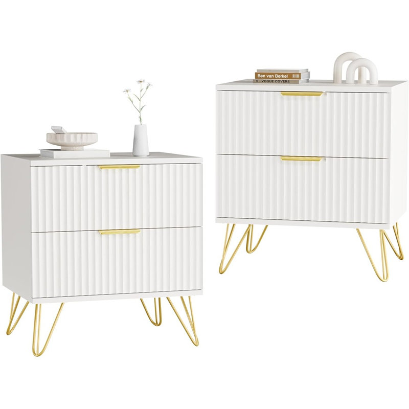 Table de chevet blanche avec 2 tiroirs et poignées et pieds dorés pour la chambre à coucher