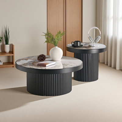 Set Of 2 Coffee Table,MDF Round Coffee Table Sintered Stone Tabletop