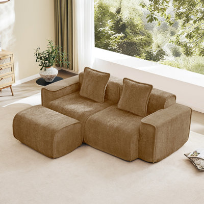 Canapé modulaire en L à 2 places avec passepoil à bordure française, sans assemblage requis, canapé à 2 places avec coussins décoratifs et 1 repose-pieds mobile, tissu de velours