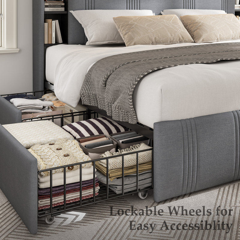 Upholstered Bed Frame With Headboard And Led Lights, Storage Bed With 4  Drawers And Open Shelves, Led Bed With Charging Station
