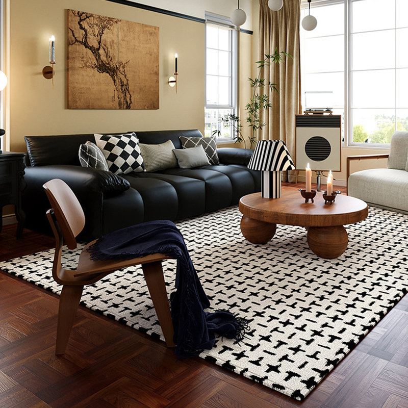 Tapis 78,74 po de style rectangulaire rétro noir et blanc en polypropylène de style français, Rectangle 6 pi 7 po x 8 pi 6 po