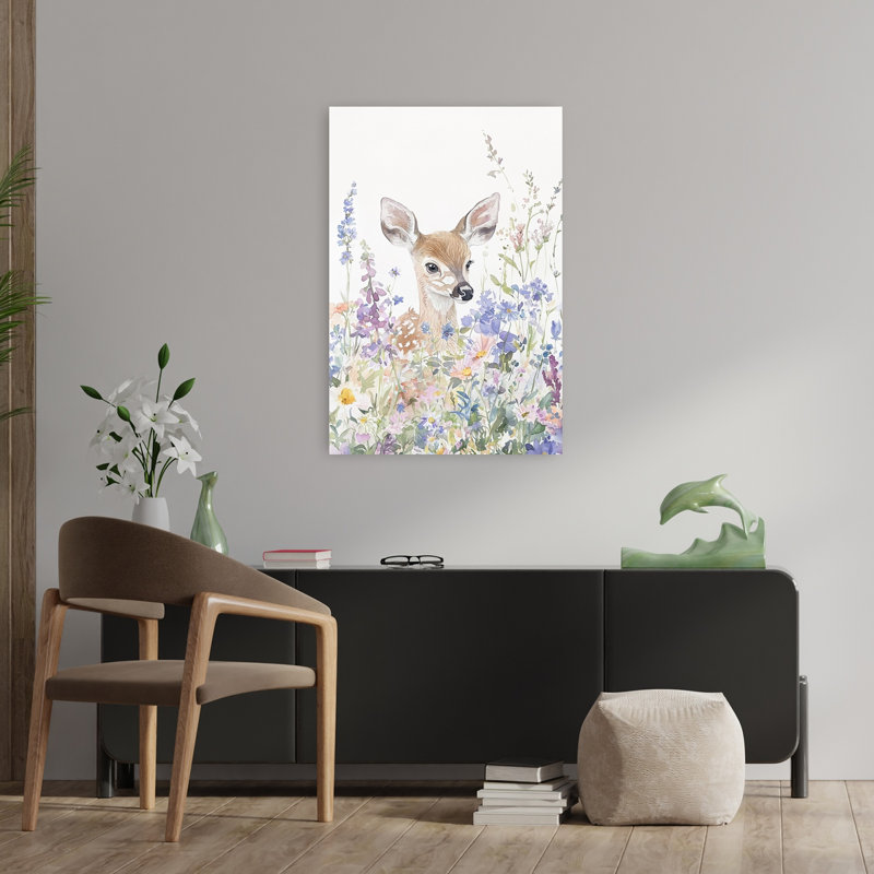 Baby Deer Wildflowers Colorful Delicate Peaceful Deer Nature Spring Wall Art Print by Mathieu - Wrapped Canvas Print
