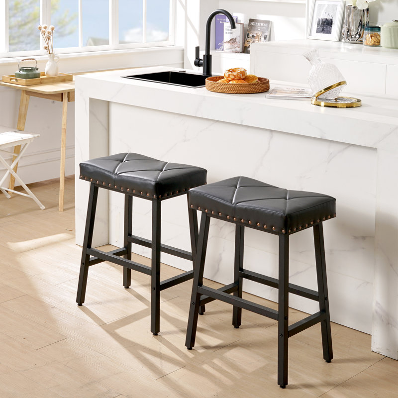 Set of 2 Backless Saddle Counter Height Bar Stools with Faux Leather Seat, Nailhead Trim & Tufted Upholstered for Kitchen Island, Home Bar