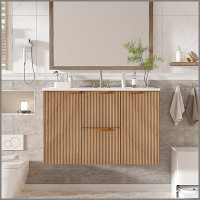 Meuble-lavabo simple 36 po avec comptoir en céramique, armoire en panneau de fibres à densité moyenne, portes à fermeture en douceur, tiroirs divisés et meuble-lavabo mural moderne