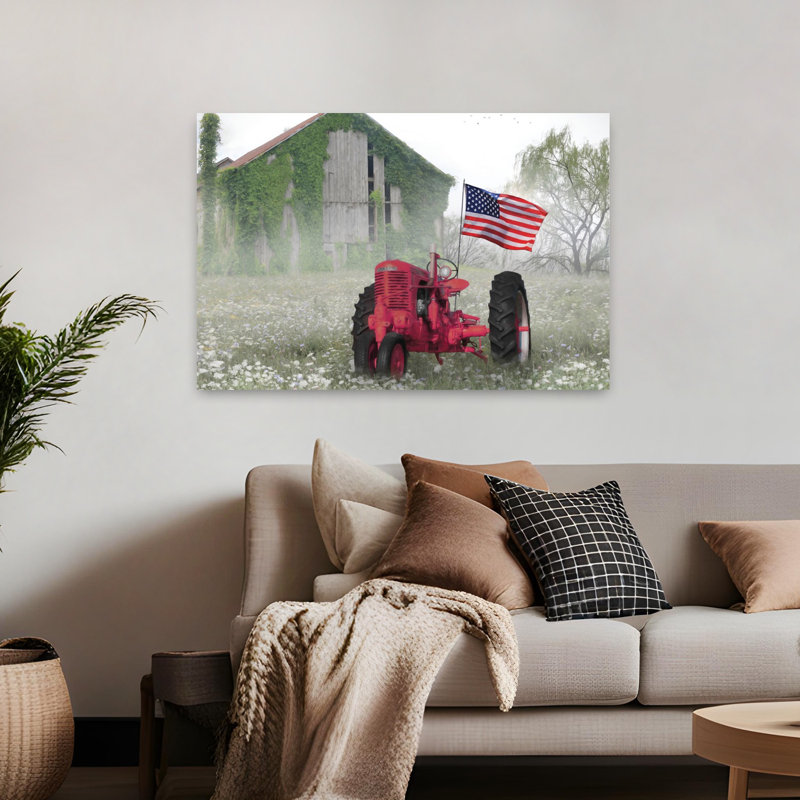 «Red Tractor», art contemporain de paysage abstrait, H 32 po x l 48 po