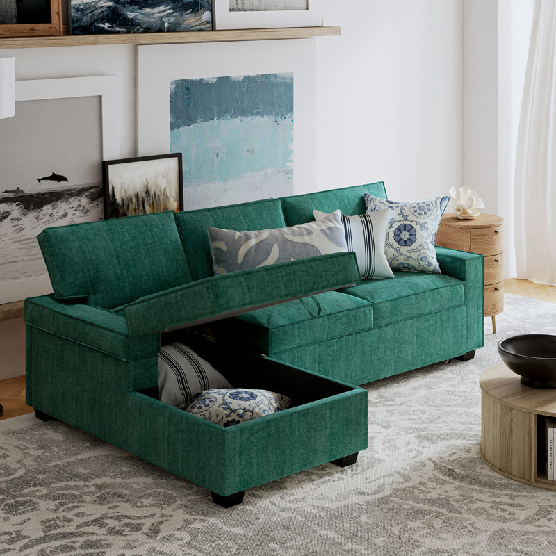 Canapé-lit modulaire coulissant avec méridienne 3 pièces Yates, Polyester bleu sarcelle