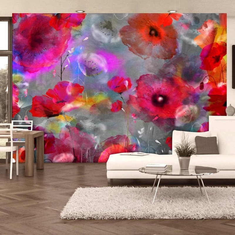 Floral Wall Mural, Red/Pink/Gray, 96" L x 137" W