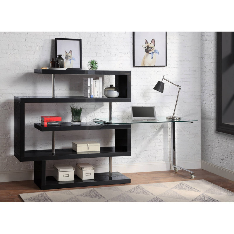 Bureau en verre transparent avec finition chromée ultrabrillante et tablette, Noir