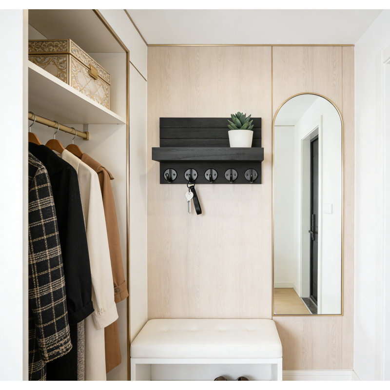 Porte-clés pour mur, porte-clés décoratif et porte-courrier avec tablette avec grands crochets pour les sacs, Noir