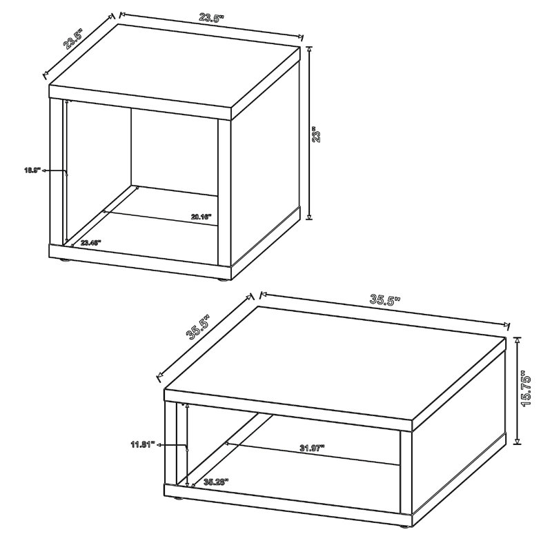 Ensemble de table basse et de table de bout carrée 3 pièces avec tablette en bois de pin vieilli Rizz