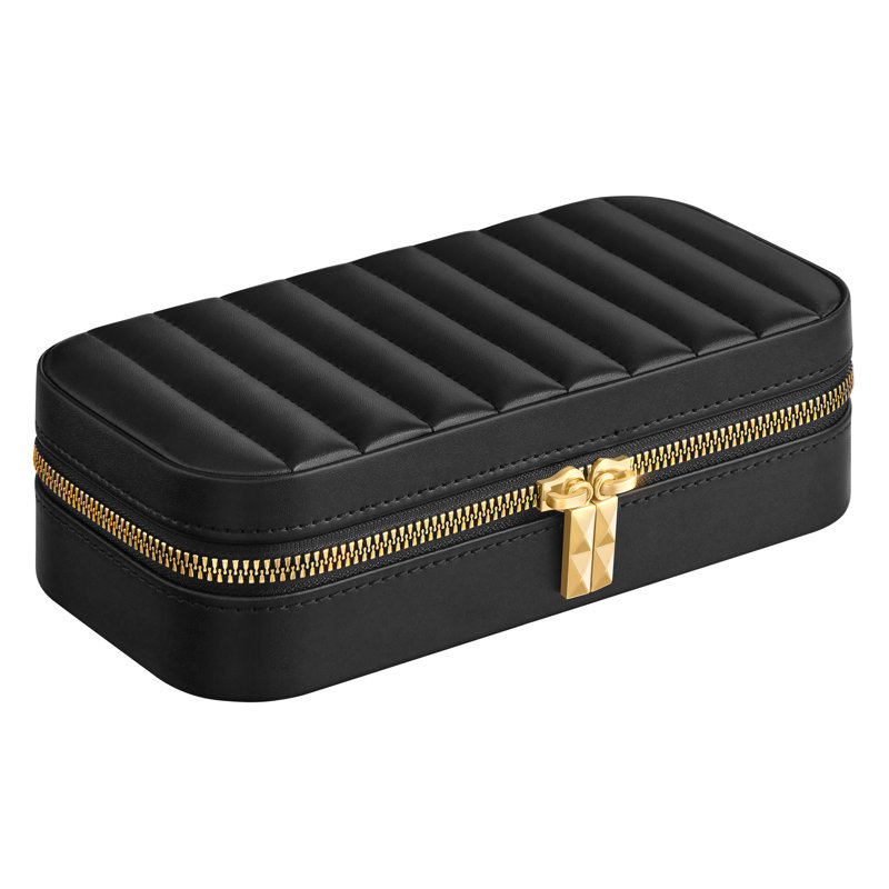 Travel Jewellery Box Small Jewellery Case Organiser with Mirror, 6cm x 20.5cm x 10.5cm, Black