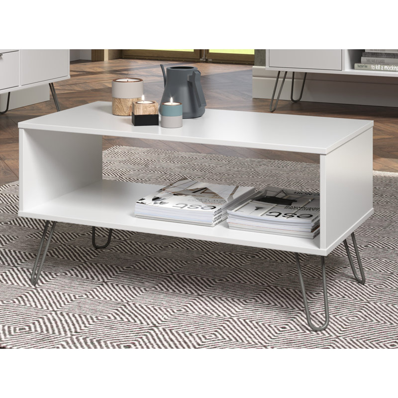 Dufresne Industrial Coffee Table, Open Storage Area & Metal Hairpin Legs, White