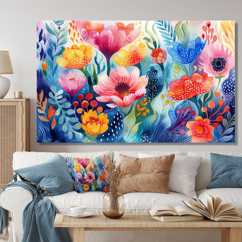 «Pink Blue Flowers Under Water III - Wildflowers», reproduction d'art murale, Toile tendue, H 40 po x l 60 po