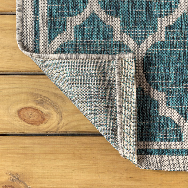 Tapis d'intérieur / extérieur bleu sarcelle / gris Hague, Rectangle 6 pi x 9 pi
