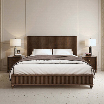 Kernie King Solid Wood Platform Bed Frame With Tall Headboard – Natural Walnut Finish