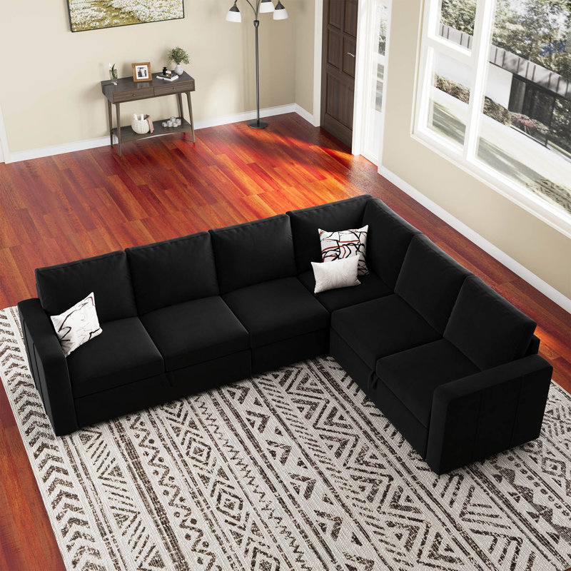 L-Shaped Modular Sleeper Sectional, Velvet - Black
