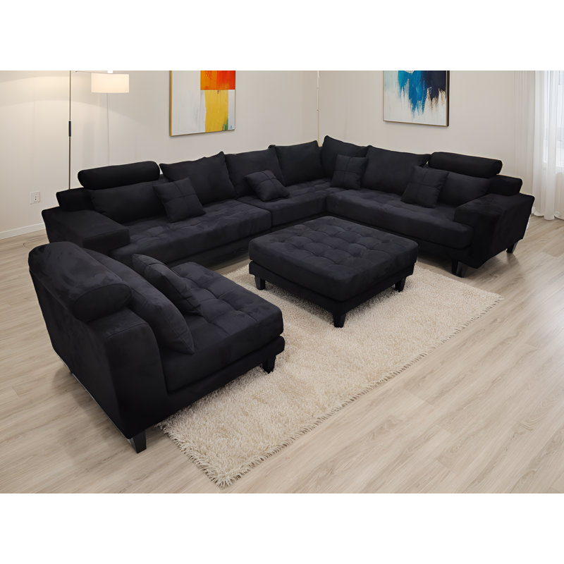Mandey Upholstered Sectional Reversible, Black Microfiber/Microsuede