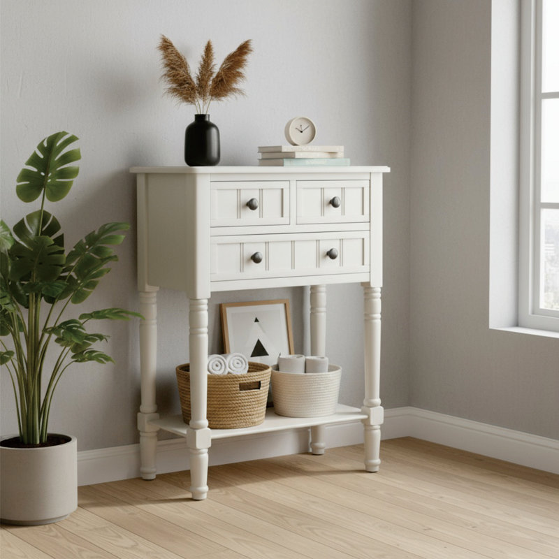 Console avec 3 tiroirs et tablette inférieure, Blanc
