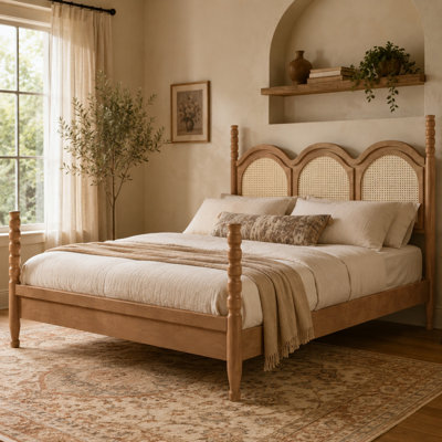 VARELON Queen Four Poster Platform Bed with Arched Woven Headboard, Wood Bed Frame with Slat Support & Under-Bed Storage, No Box Spring Needed