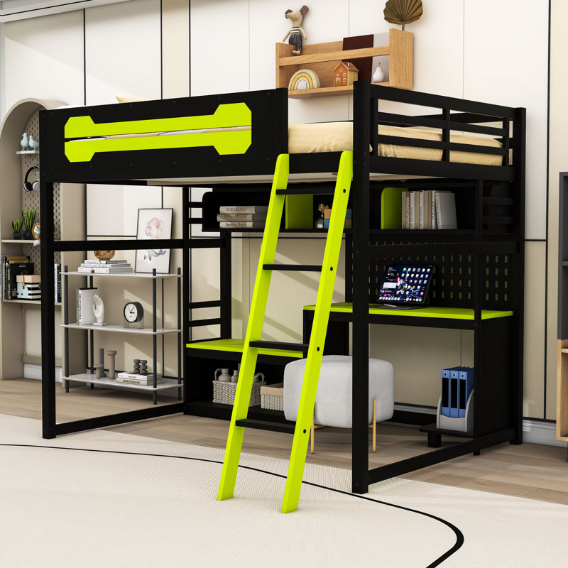 Lit mezzanine double avec station de charge, bureau, tablettes de rangement, panneau perforé et éclairage DEL, Noir/vert