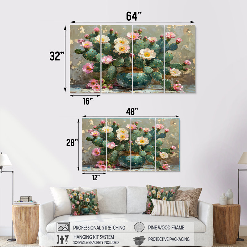 Cactus vert et rose à fleurs, H 32 po x l 64 po