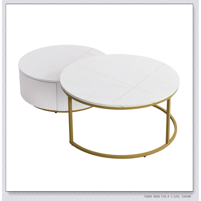Table basse gigogne ronde moderne cannelée avec tiroir en blanc et or 31,5 po, Blanc