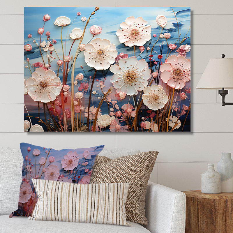 «Blue and Pink Poppy Meadows» - Art mural coquelicots, H 12 po x l 20 po x P 1 po, Toile tendue