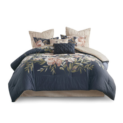 8 Piece Comforter King Navy  Look 2 Decorative Pillows Shams  Bed Skirt Blue With Floral Pattern Embroidered Pillows Euro Shams Machine Washable