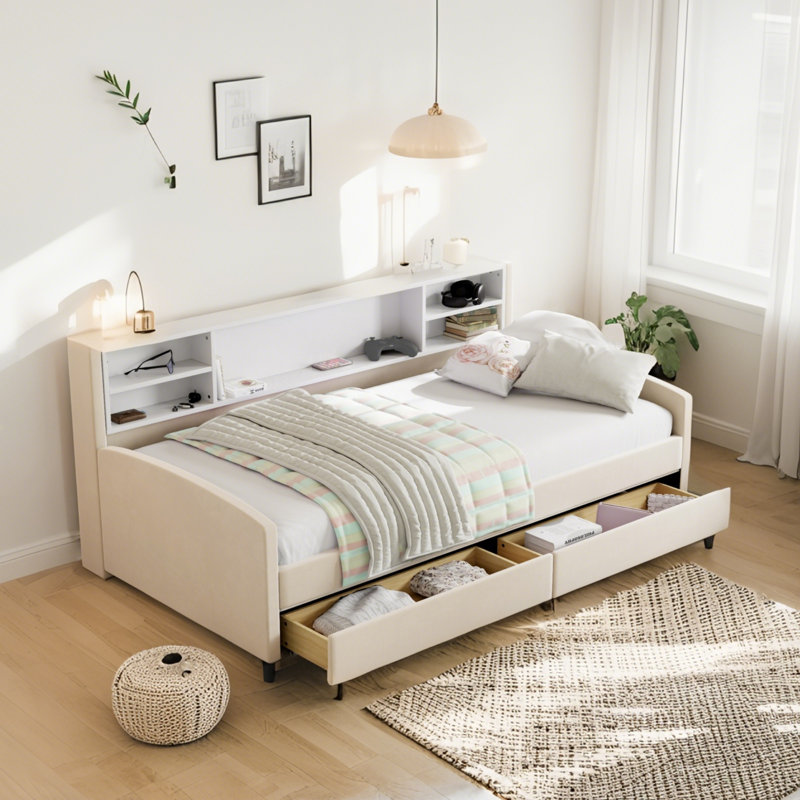 Twin Size Upholstered Platform Bed With Storage And Drawers, Beige, Beige