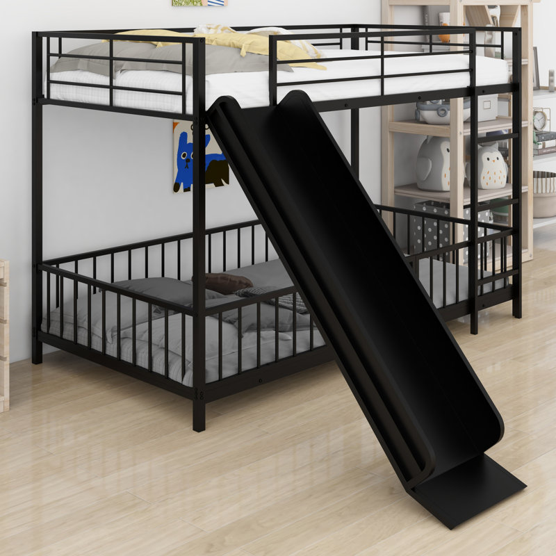 Lit superposé en métal avec glissière et garde-corps, Simple sur simple, Noir